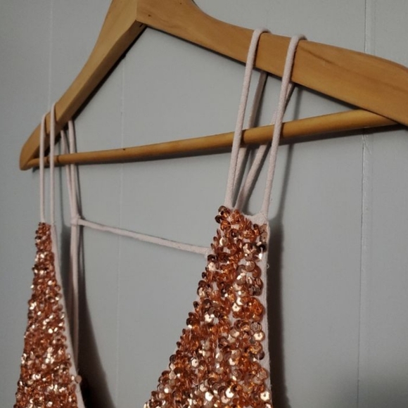 Free People Glitter Girl Sequin Rose Gold Embellished Mini Dress Medium - Picture 14 of 16